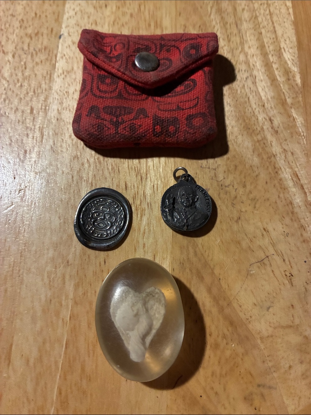 Red Patterned Fabric Coin Pouch with Religious Vintage Charms & 1 Pendant